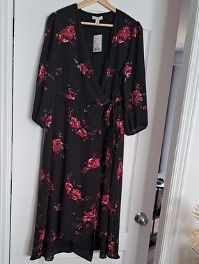 Black Midi Wrap Dress with Red Floral Print